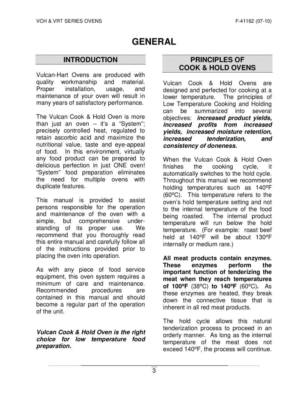 Vulcan-Hart VRT SERIES operation manual General, Introduction, Principles Cook & Hold Ovens 