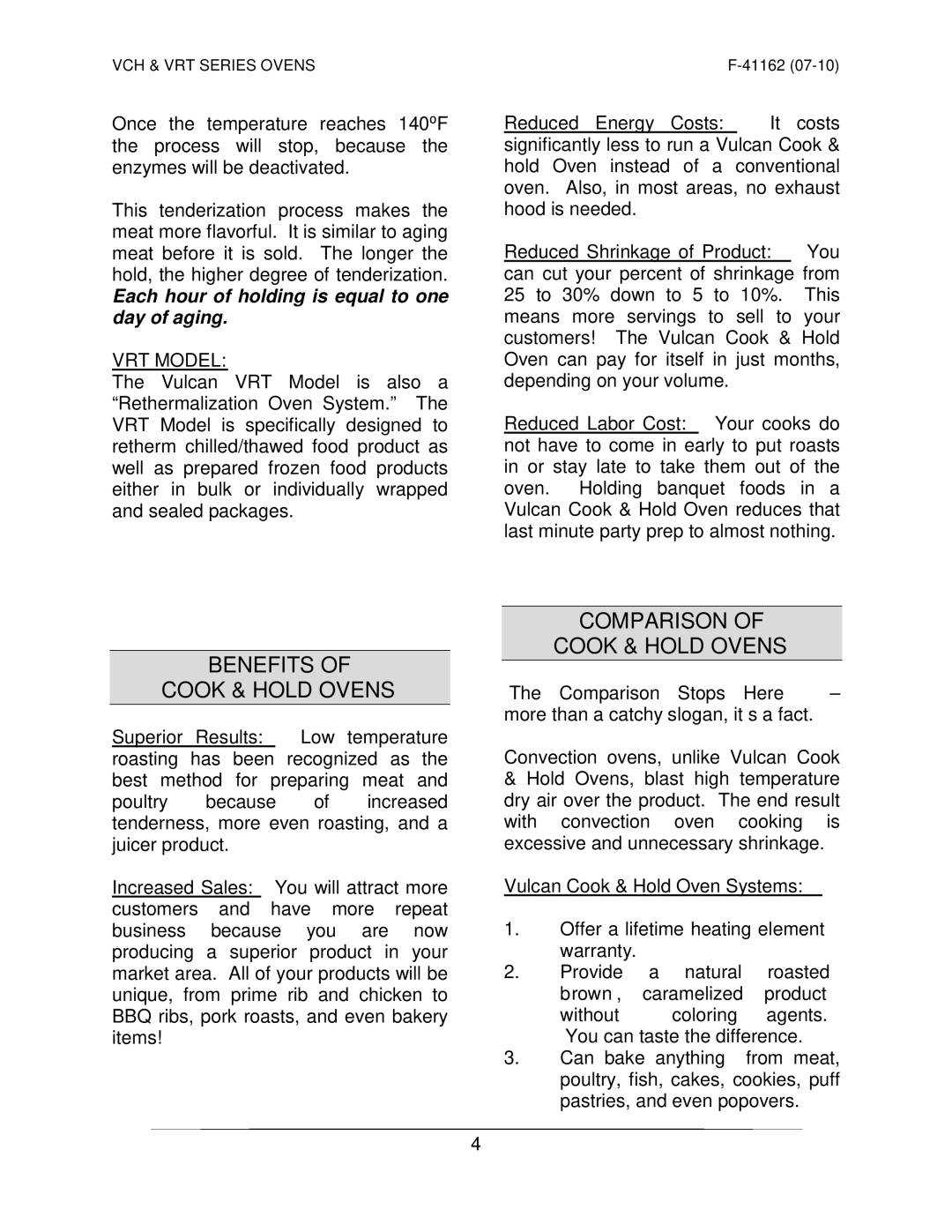 Vulcan-Hart VRT SERIES operation manual Benefits Cook & Hold Ovens, Comparison Cook & Hold Ovens, VRT Model 