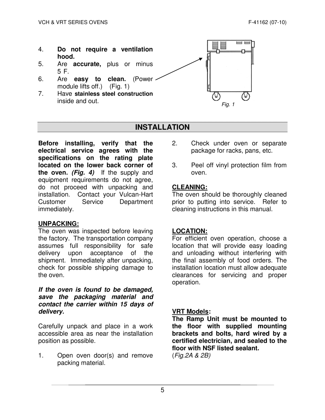 Vulcan-Hart VRT SERIES operation manual Installation, Unpacking, Cleaning, Location 