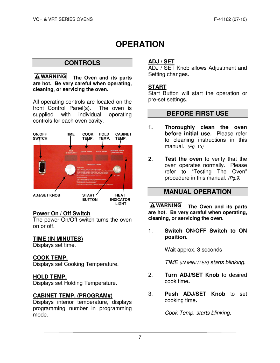 Vulcan-Hart VRT SERIES operation manual Controls, Before First USE, Manual Operation 