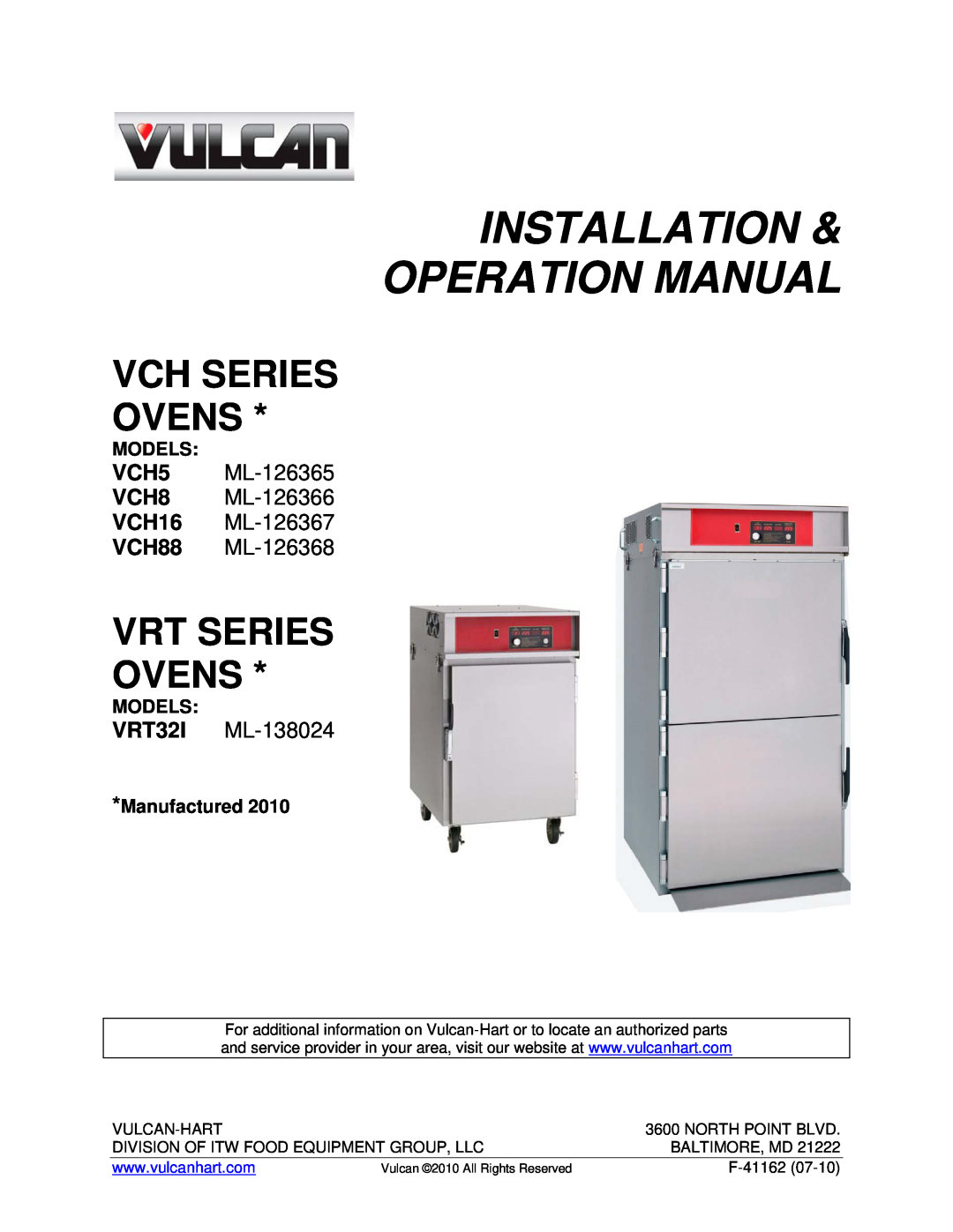 Vulcan-Hart VRT SERIES operation manual Installation & Operation Manual, Vch Series Ovens, Vrt Series Ovens, Models 