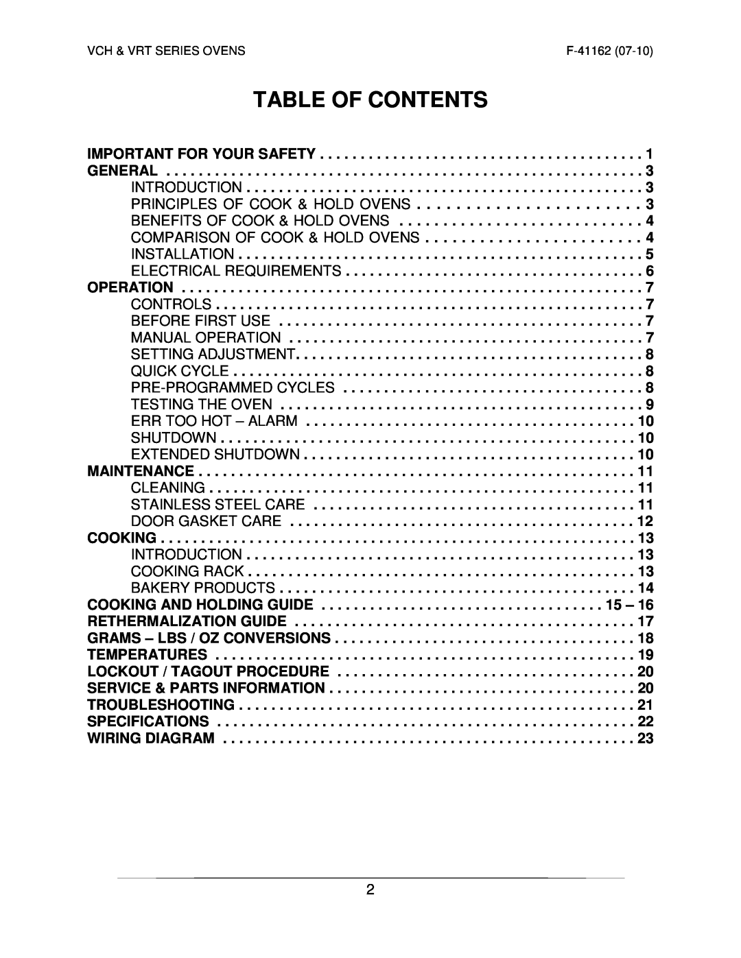 Vulcan-Hart VRT SERIES operation manual Table Of Contents 