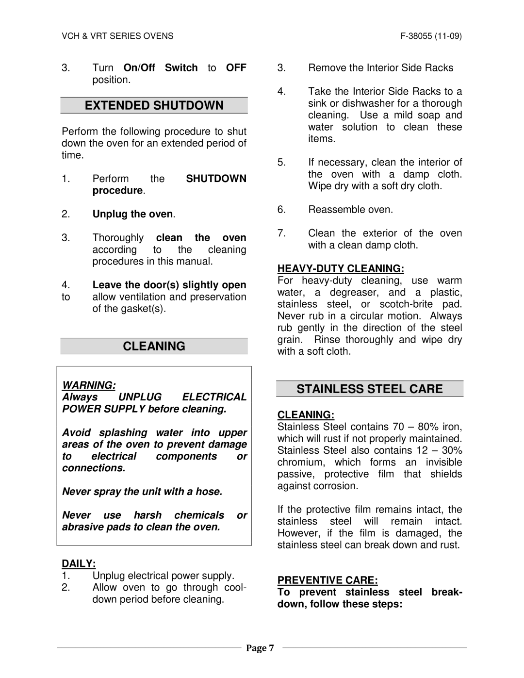 Vulcan-Hart VRT32I ML-138024 operation manual Extended Shutdown, Cleaning, Stainless Steel Care 