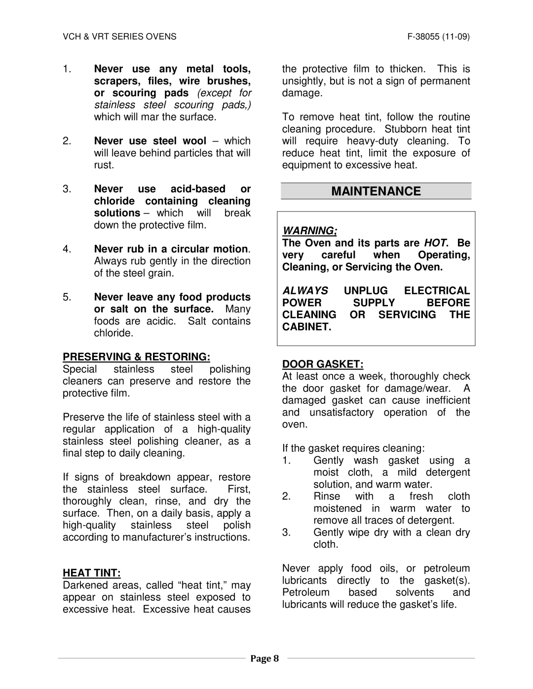 Vulcan-Hart VRT32I ML-138024 operation manual Maintenance, Preserving & Restoring, Heat Tint 