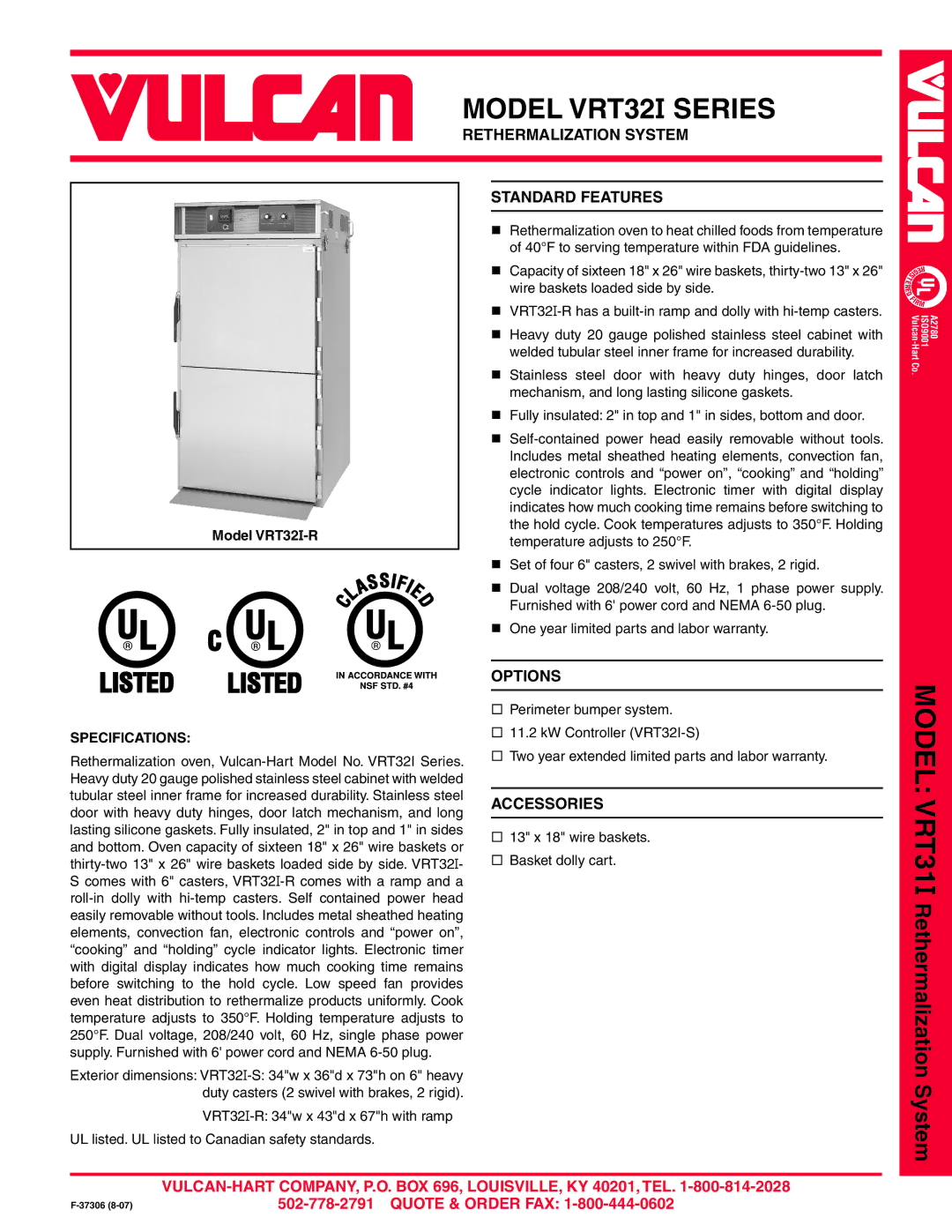 Vulcan-Hart VRT32I SERIES warranty Model VRT32I Series, Rethermalization System, Standard Features, Options, Accessories 