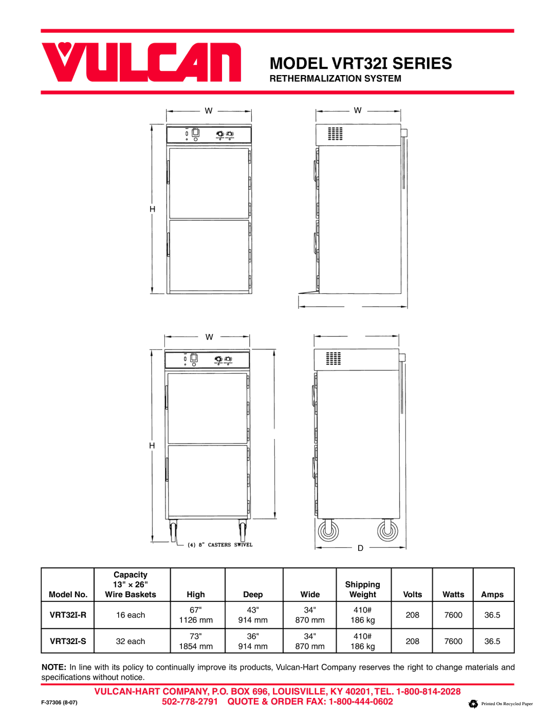 Vulcan-Hart VRT32I SERIES warranty Capacity 