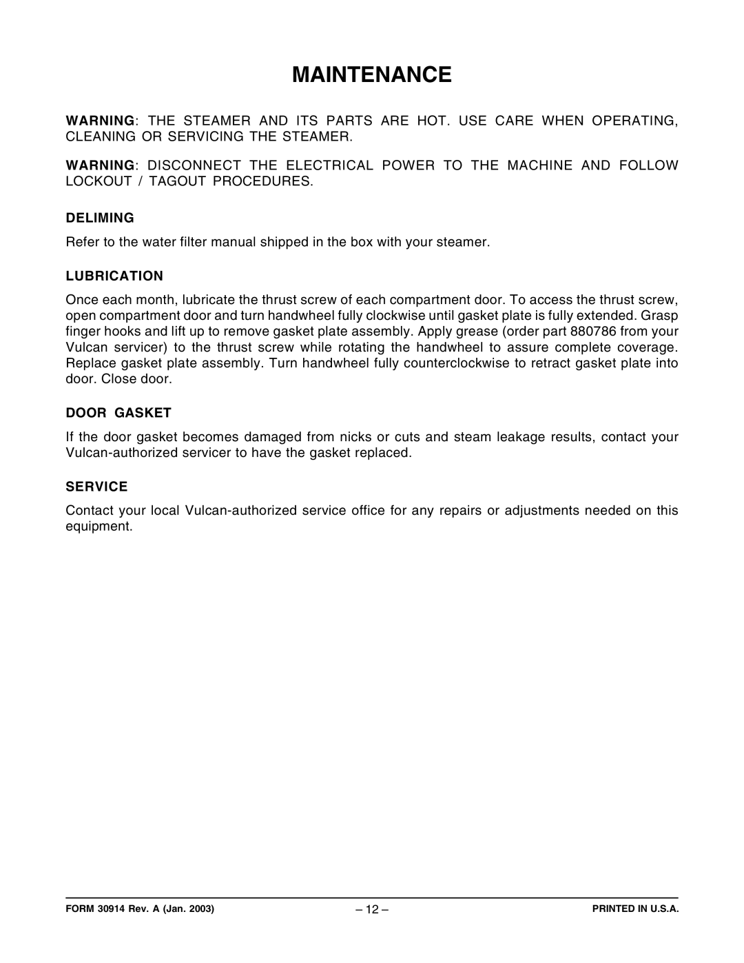 Vulcan-Hart VSC3, VSC2 operation manual Maintenance, Deliming, Lubrication, Door Gasket, Service 