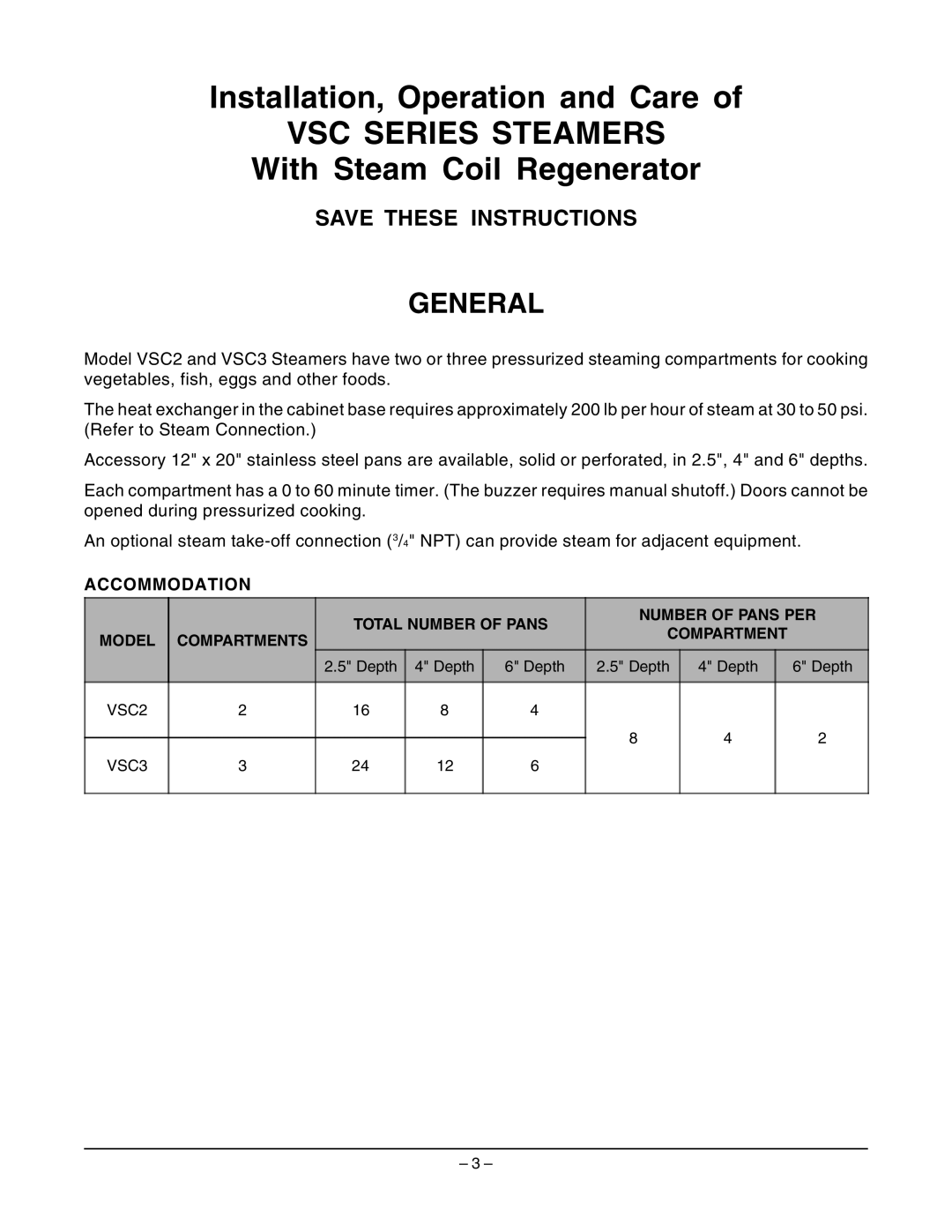 Vulcan-Hart VSC2, VSC3 operation manual General, Accommodation 