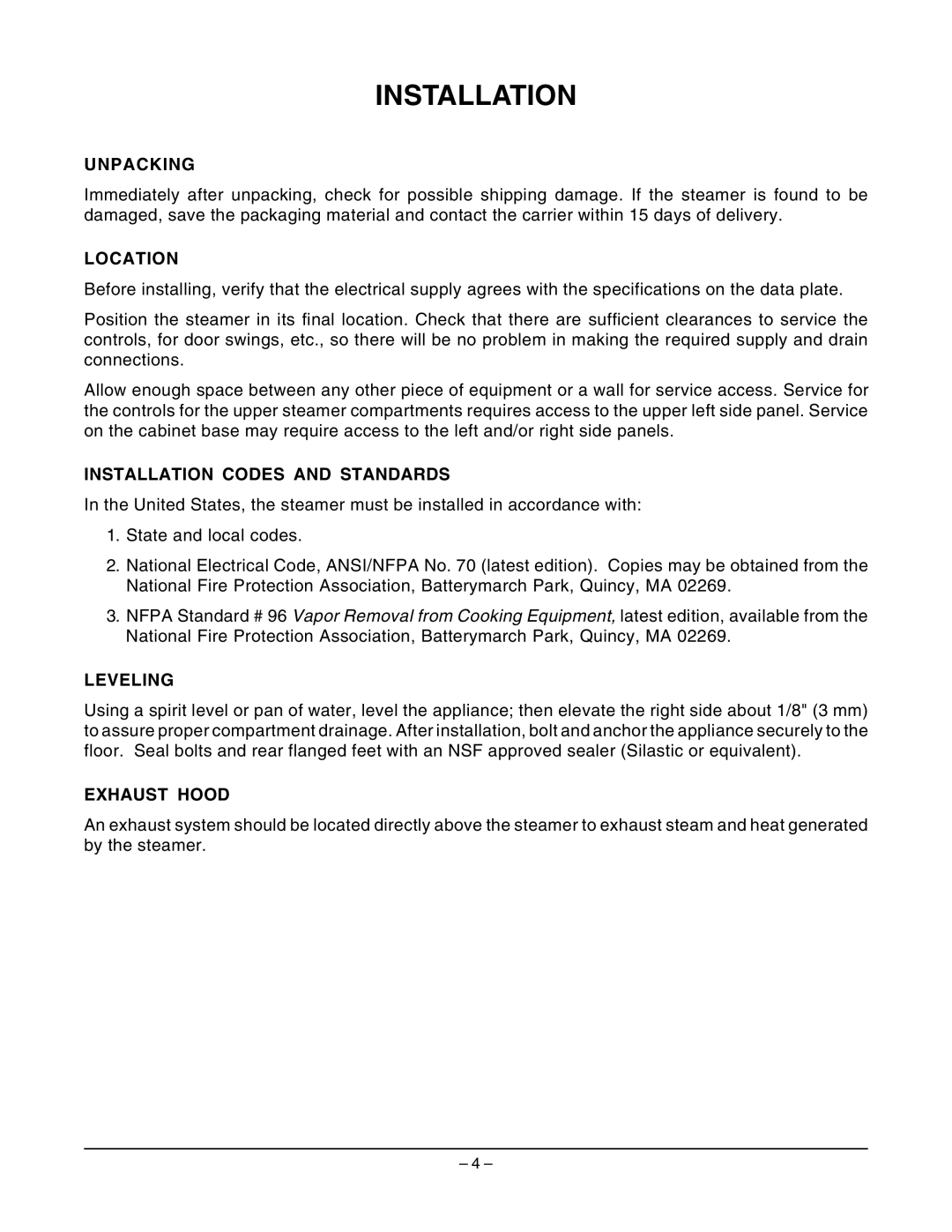 Vulcan-Hart VSC3, VSC2 operation manual Installation 