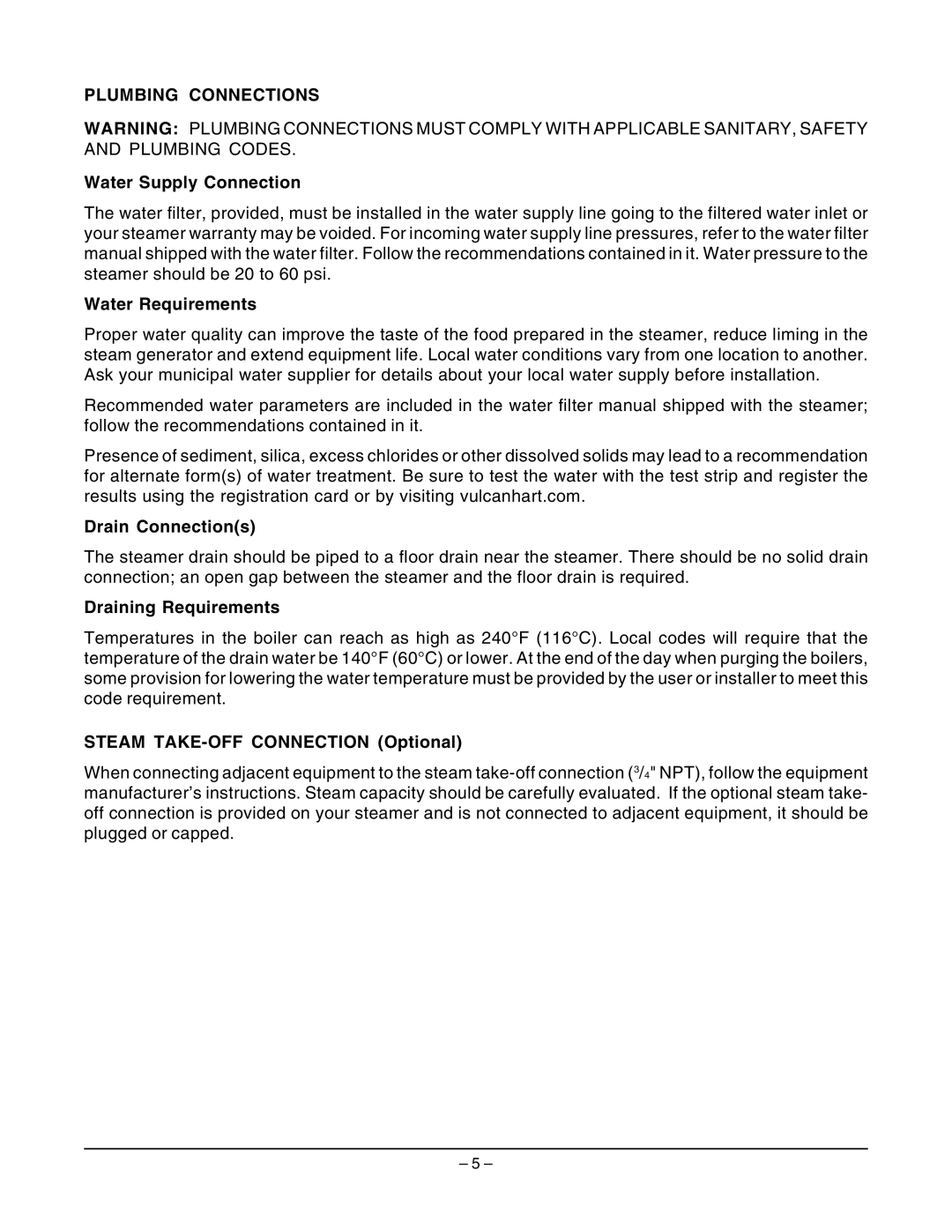 Vulcan-Hart VSC2, VSC3 operation manual Plumbing Connections 