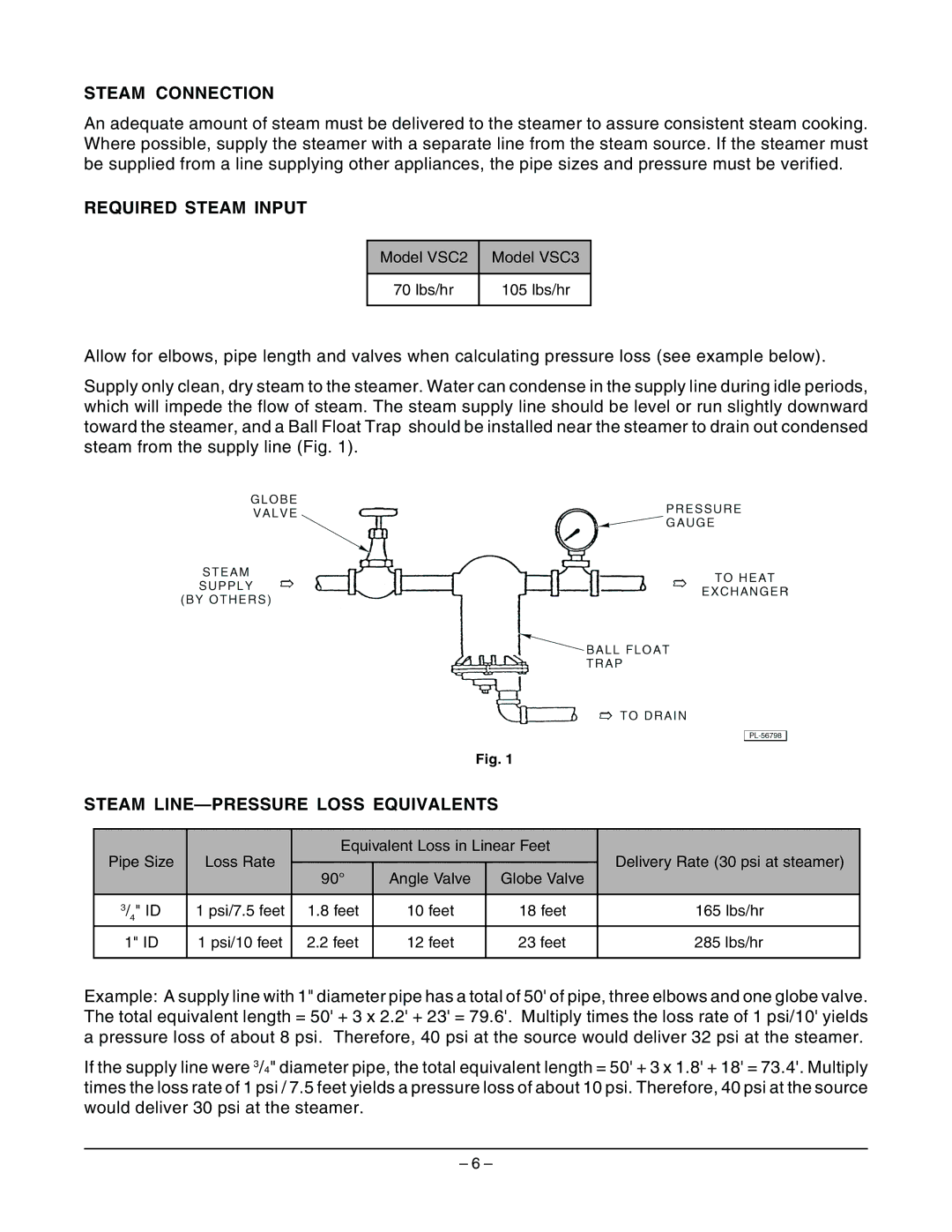 Vulcan-Hart VSC3, VSC2 operation manual Steam Connection, Required Steam Input, Steam LINE-PRESSURE Loss Equivalents 