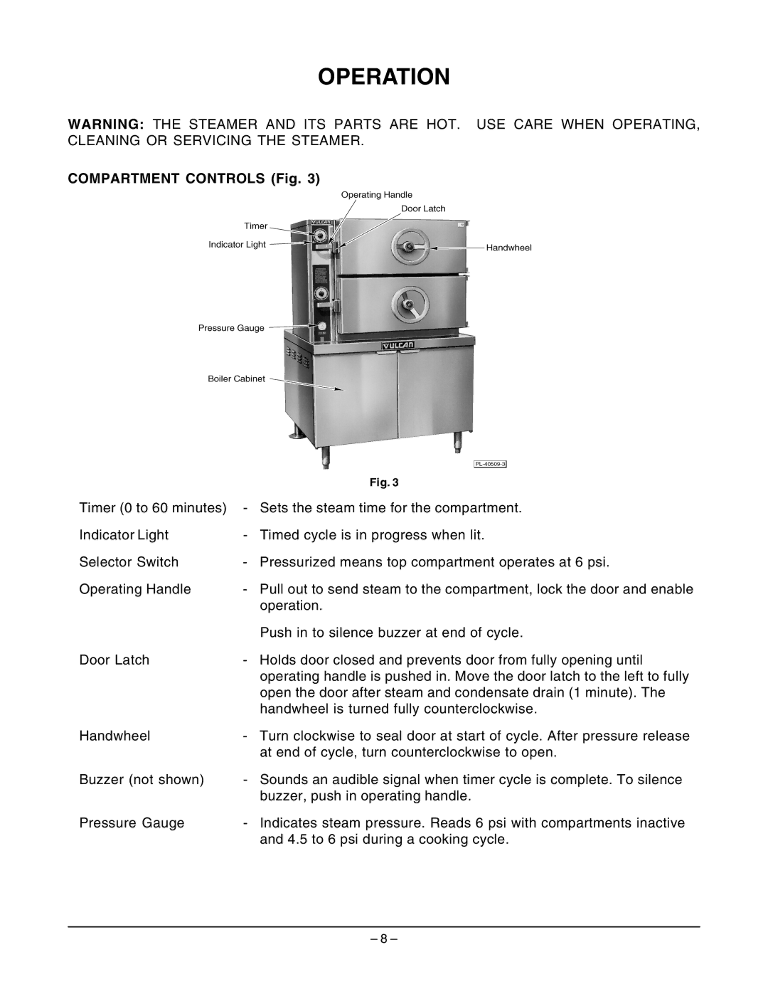 Vulcan-Hart VSC3, VSC2 operation manual Operation, Compartment Controls Fig 