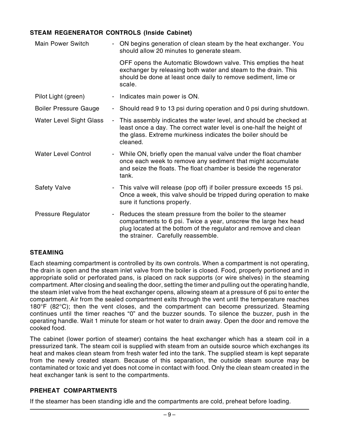 Vulcan-Hart VSC2, VSC3 operation manual Steam Regenerator Controls Inside Cabinet, Steaming, Preheat Compartments 