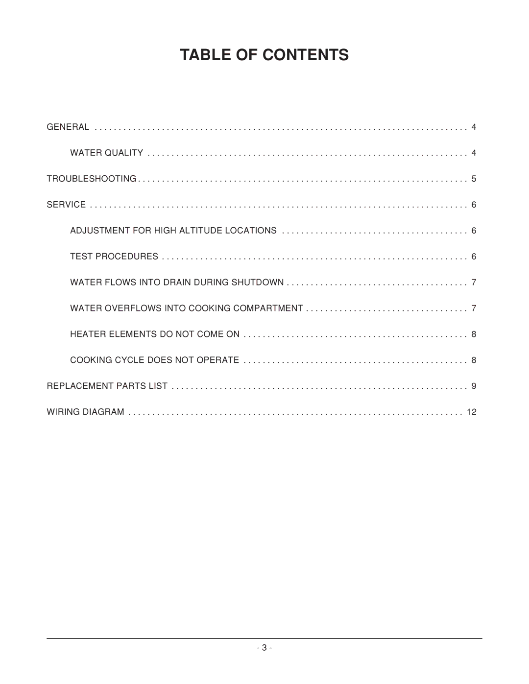 Vulcan-Hart VSX 9000 manual Table of Contents 