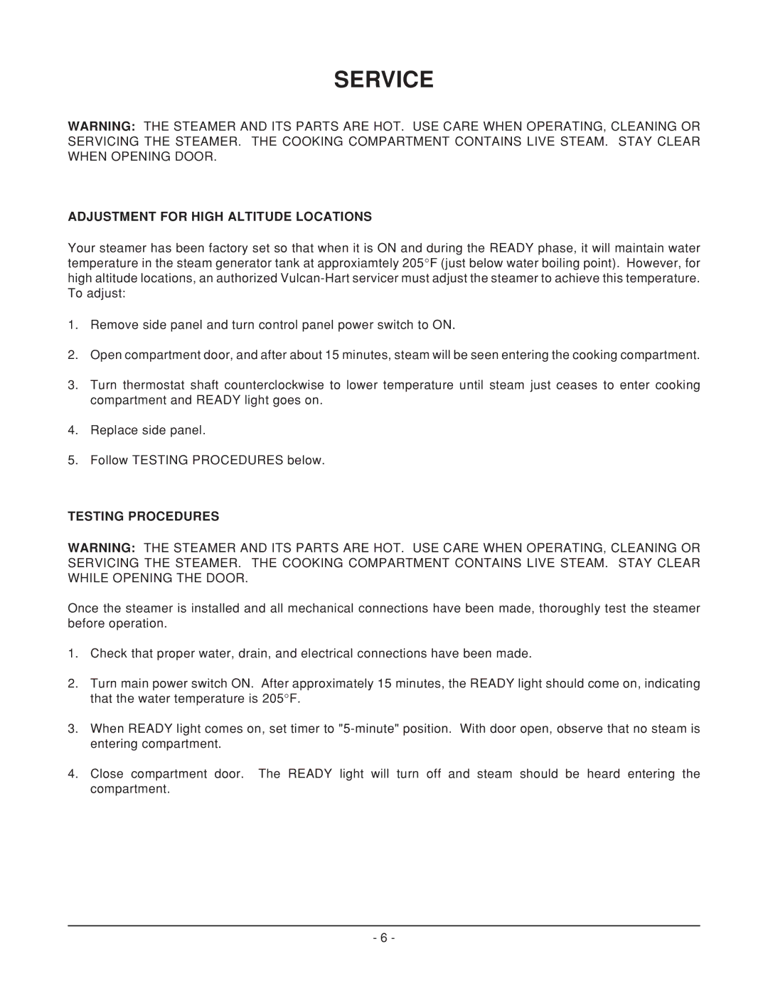 Vulcan-Hart VSX 9000 manual Service, Adjustment for High Altitude Locations, Testing Procedures 