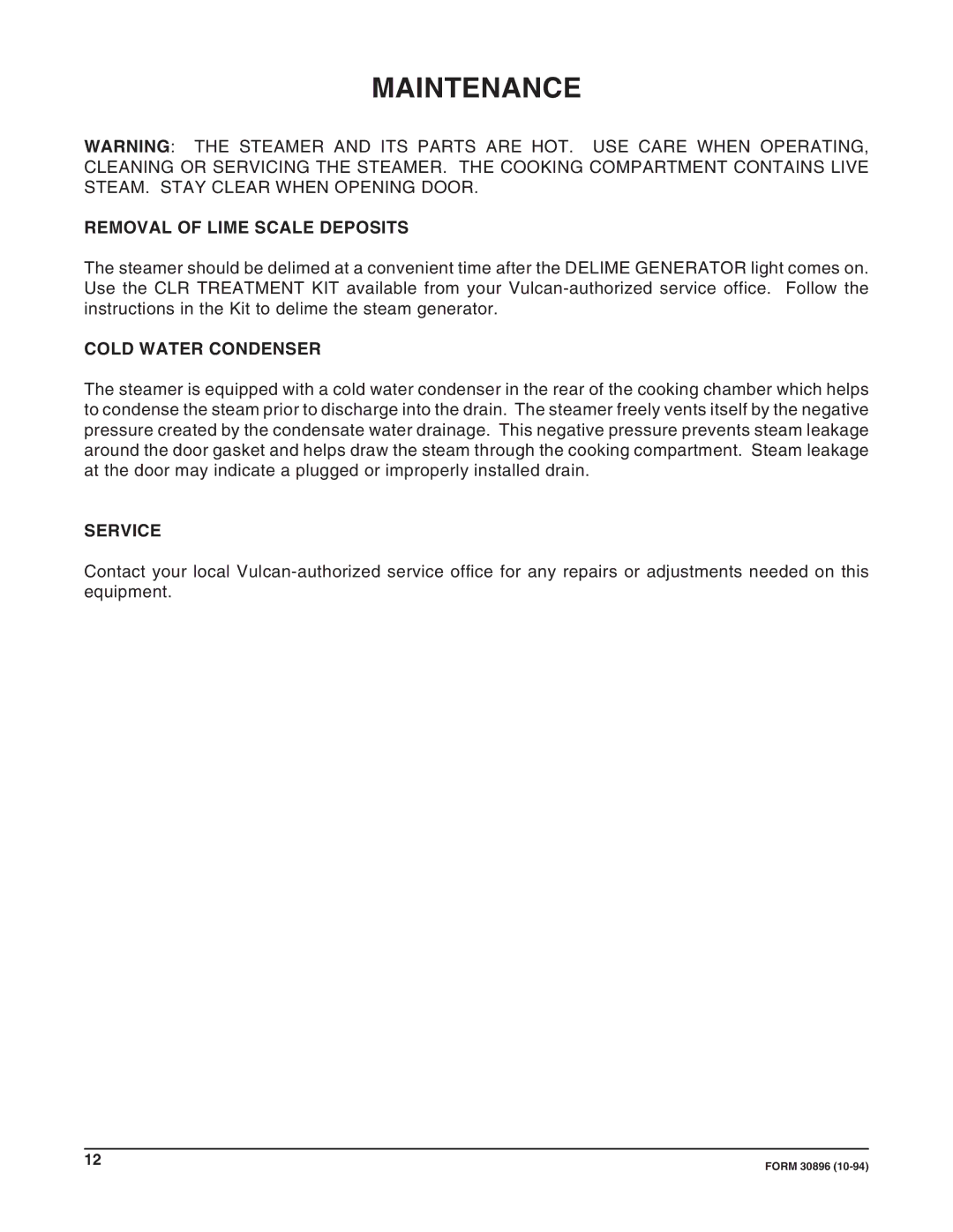 Vulcan-Hart 52397, VSX4, VSX5, 52398, 52399, VSX3 Maintenance, Removal of Lime Scale Deposits, Cold Water Condenser, Service 