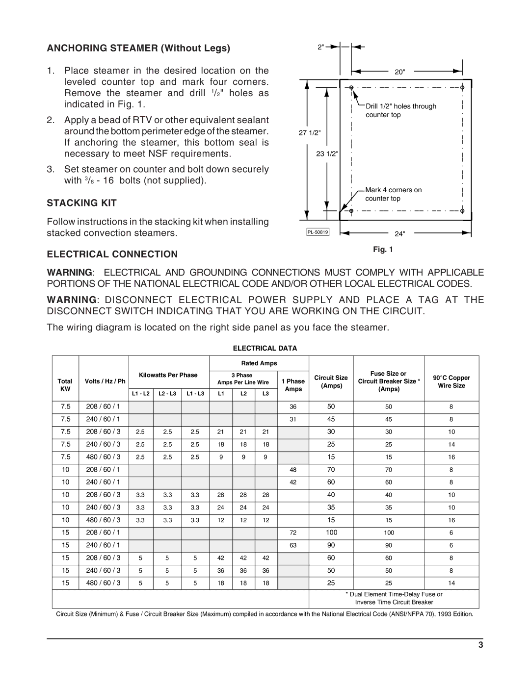 Vulcan-Hart 52399, VSX4, VSX5, 52398, VSX3, 52397, 52396 Anchoring Steamer Without Legs, Stacking KIT, Electrical Connection 