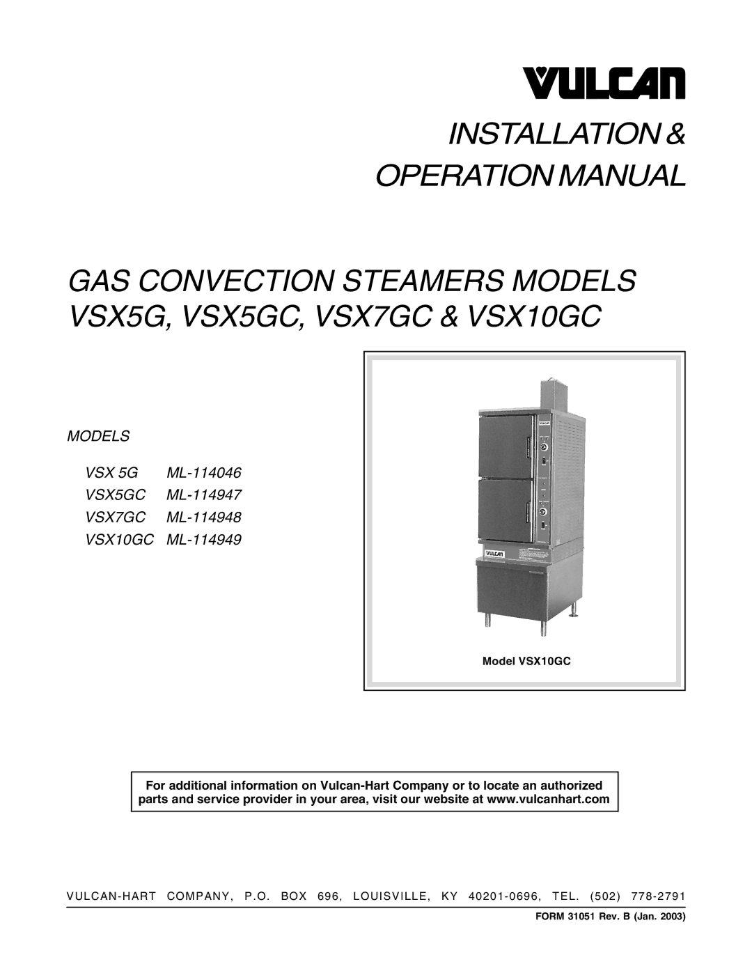 Vulcan-Hart VSX5GC, VSX7GC, VSX10GC operation manual Models VSX 5G 