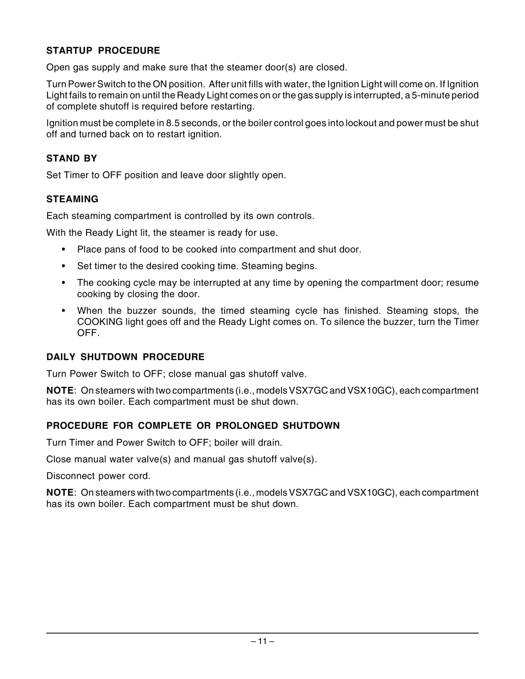 Vulcan-Hart VSX10GC, VSX5GC, VSX7GC operation manual Startup Procedure, Stand by, Steaming, Daily Shutdown Procedure 