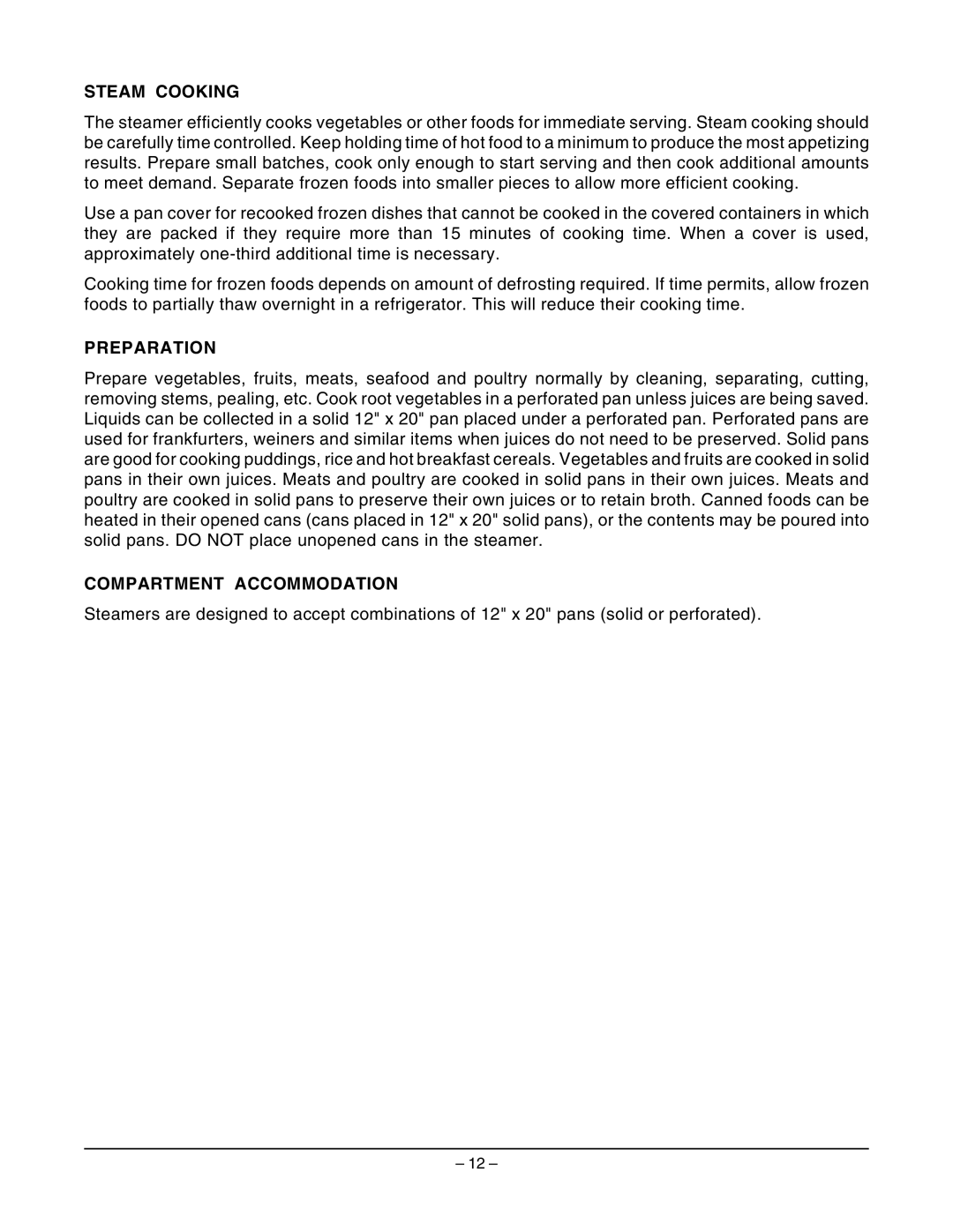 Vulcan-Hart VSX5GC, VSX7GC, VSX10GC operation manual Steam Cooking, Preparation, Compartment Accommodation 