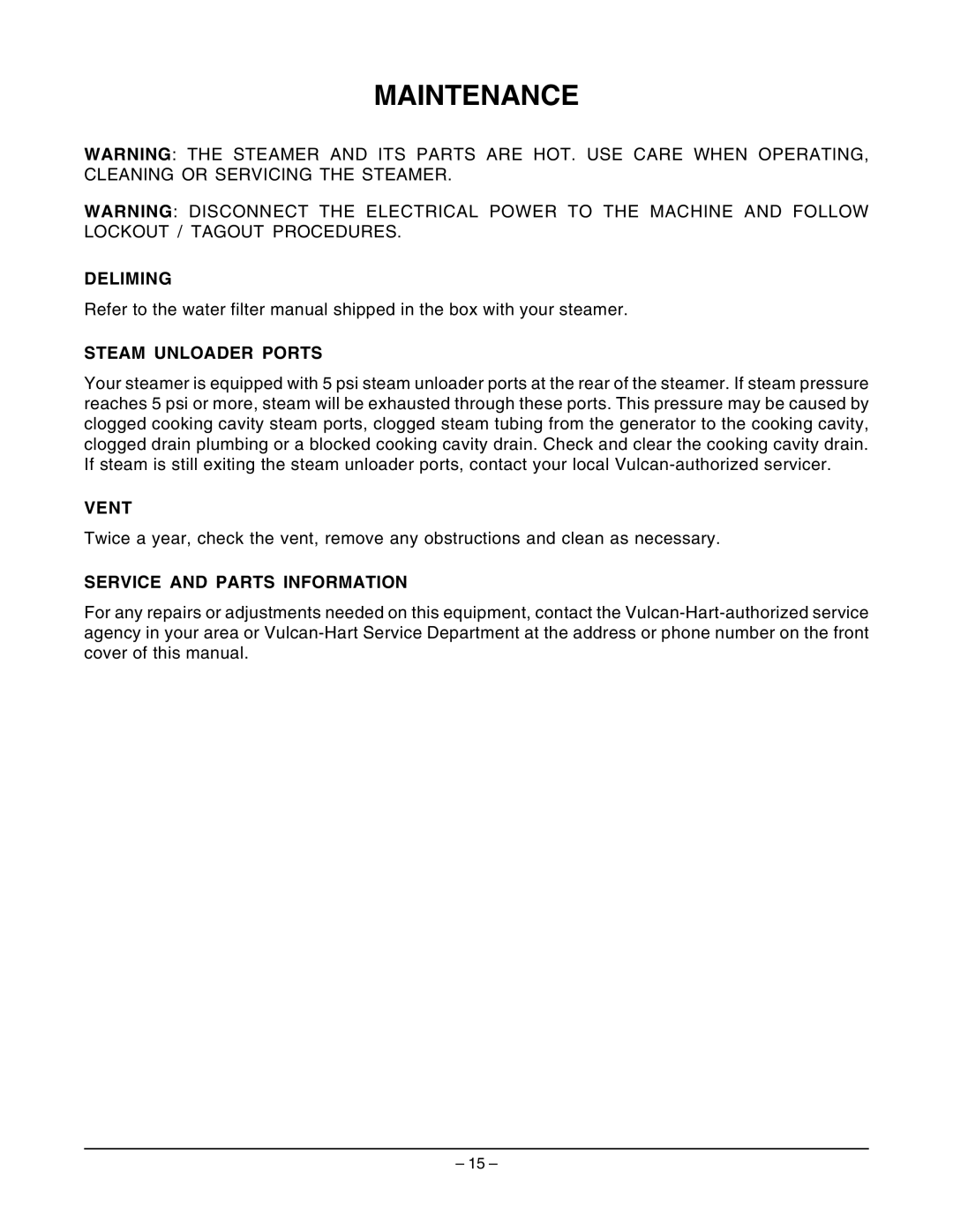 Vulcan-Hart VSX10GC, VSX5GC, VSX7GC Maintenance, Deliming, Steam Unloader Ports, Vent, Service and Parts Information 