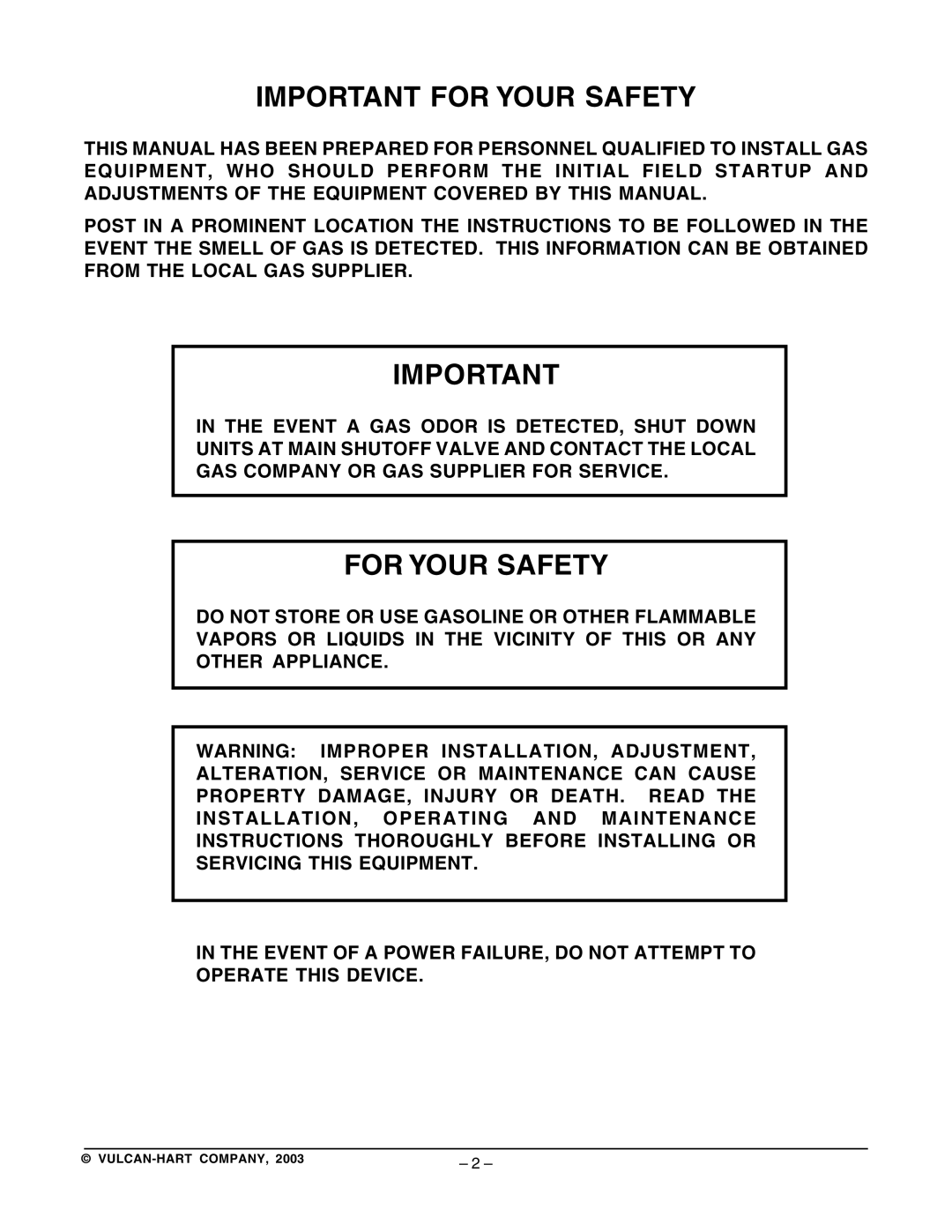 Vulcan-Hart VSX7GC, VSX5GC, VSX10GC operation manual Important for Your Safety, For Your Safety 