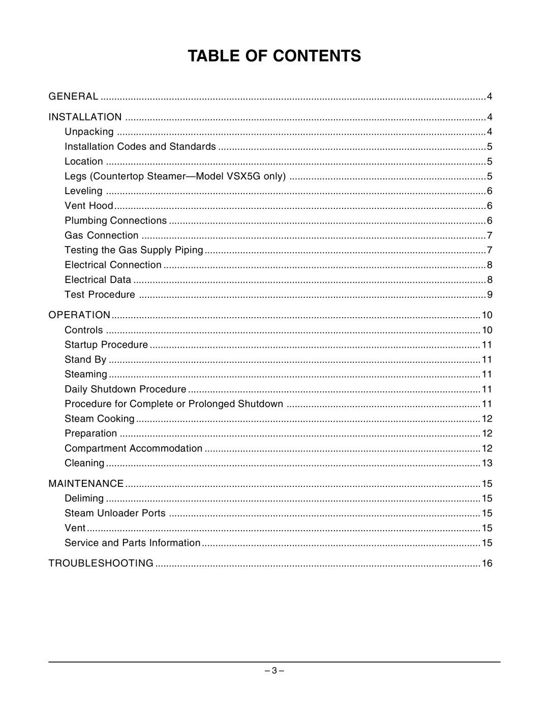 Vulcan-Hart VSX10GC, VSX5GC, VSX7GC operation manual Table of Contents 