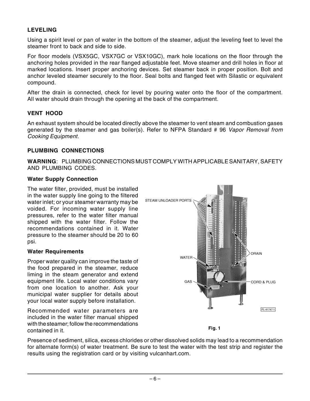 Vulcan-Hart VSX7GC, VSX5GC, VSX10GC operation manual Leveling, Vent Hood, Plumbing Connections 