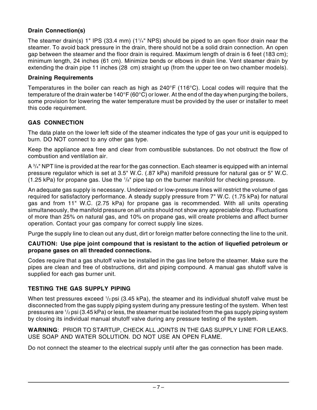 Vulcan-Hart VSX10GC, VSX5GC, VSX7GC Drain Connections, Draining Requirements, GAS Connection, Testing the GAS Supply Piping 