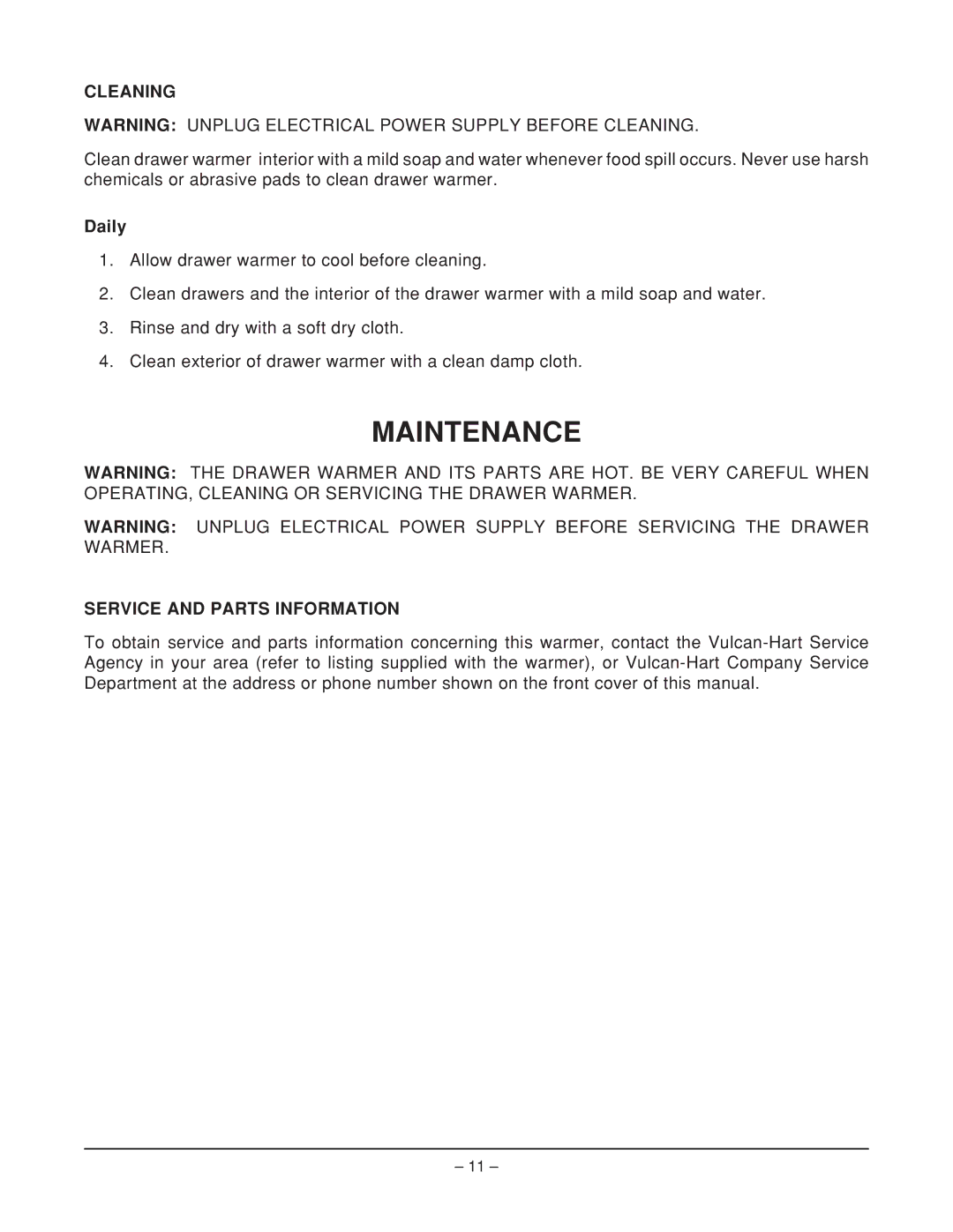 Vulcan-Hart VW3DB ML-126513, VW2SB ML-126503, VW1S ML-126500 Maintenance, Cleaning, Daily, Service and Parts Information 