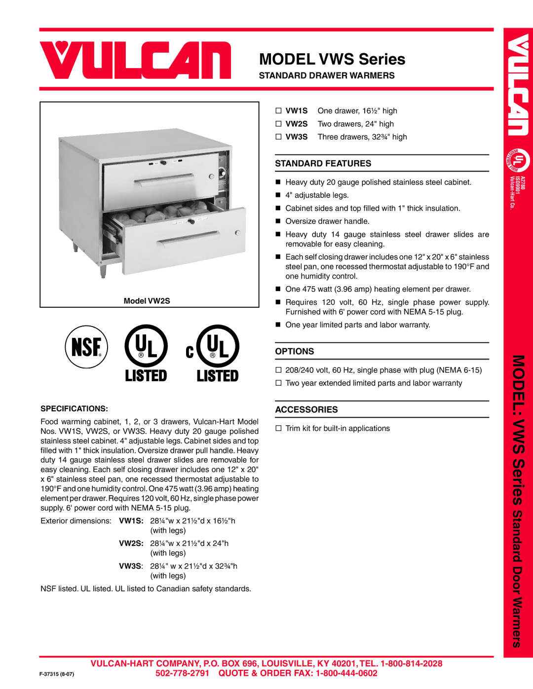 Vulcan-Hart warranty Model VWS Series, Standard Drawer Warmers, Standard Features, Options, Accessories 