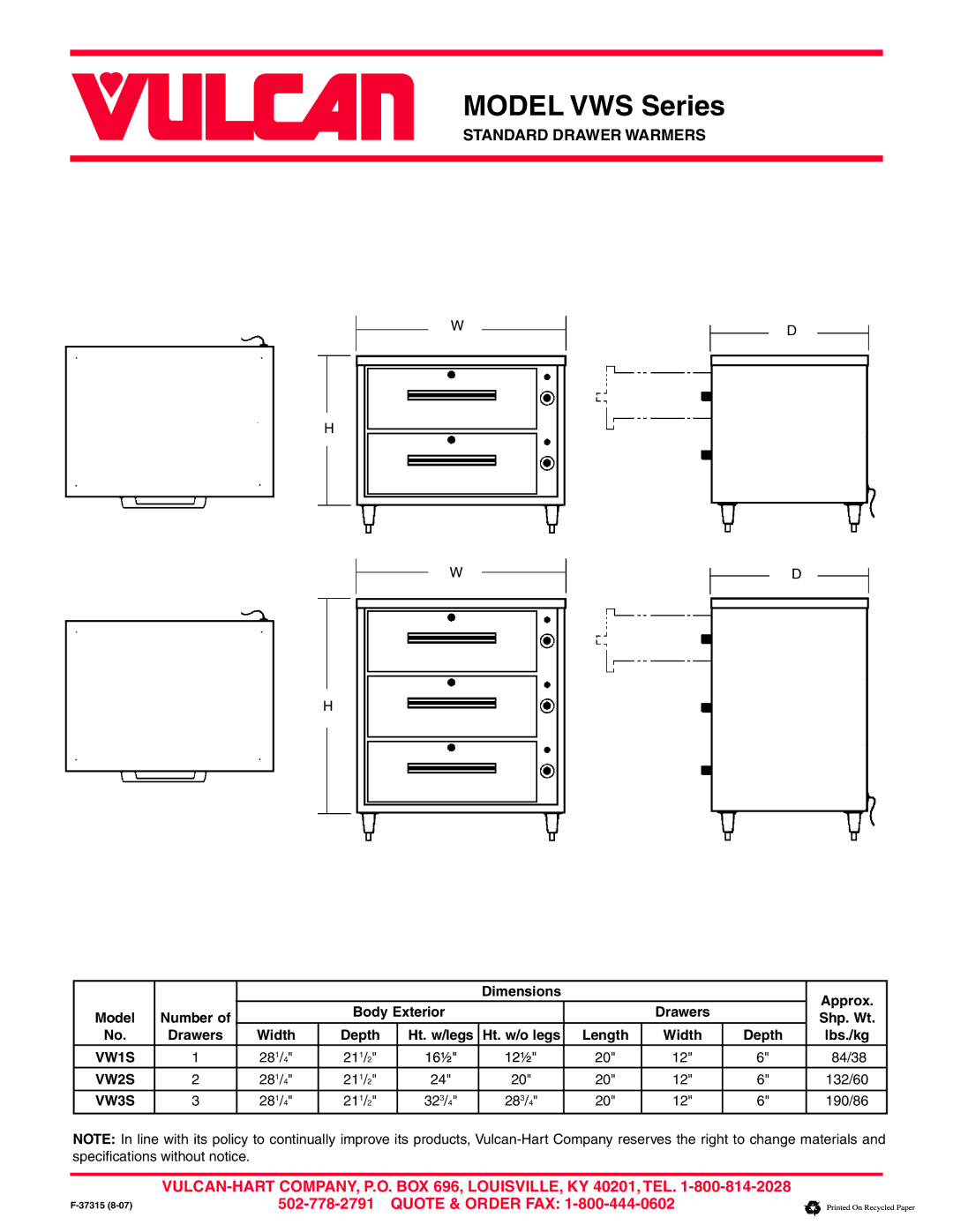 Vulcan-Hart VWS Series warranty Dimensions Approx Body Exterior 