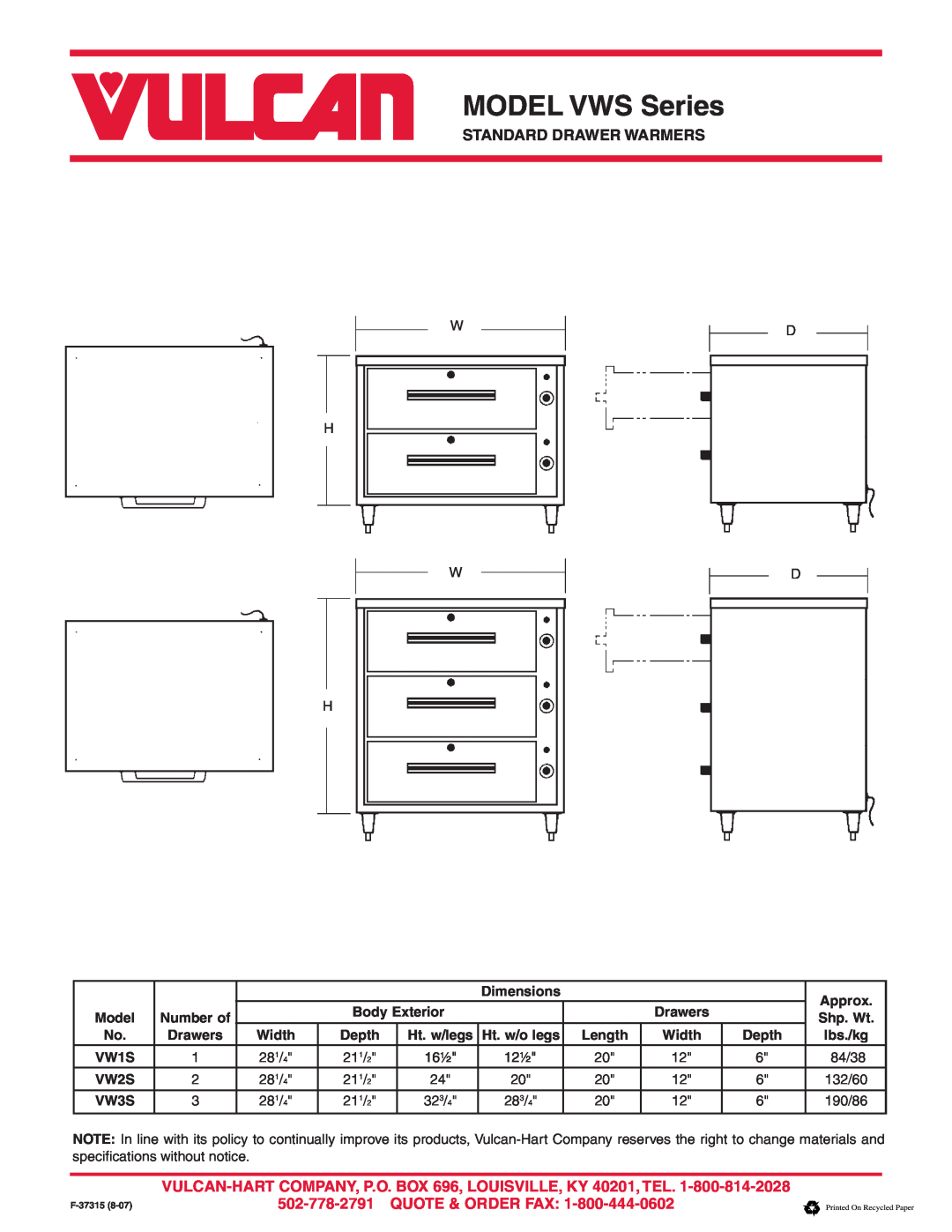 Vulcan-Hart warranty MODEL VWS Series, Standard Drawer Warmers, Quote & Order Fax, Dimensions 