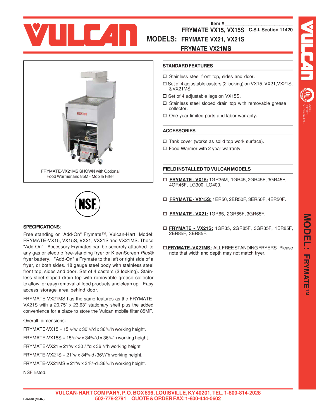 Vulcan-Hart VX15S, FRYMATE-VX21MS, FRYMATE VX21 warranty Model Frymate, Models Frymate VX21, VX21S Frymate VX21MS 