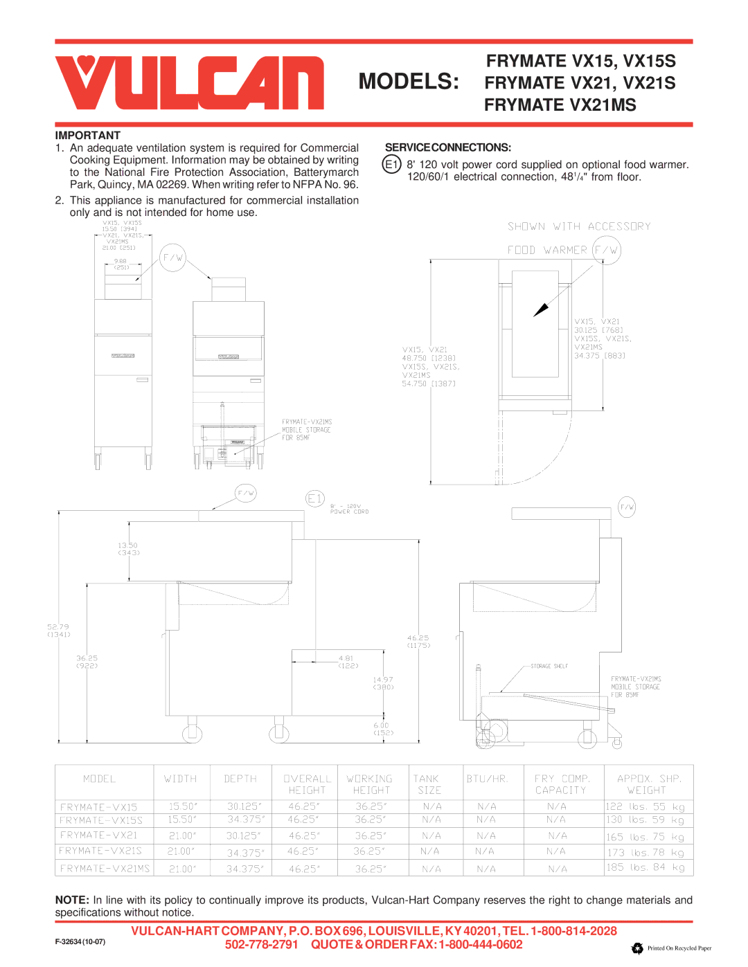 Vulcan-Hart VX15S, VX21S, FRYMATE-VX21MS, FRYMATE VX21 warranty Frymate VX21MS, Serviceconnections 