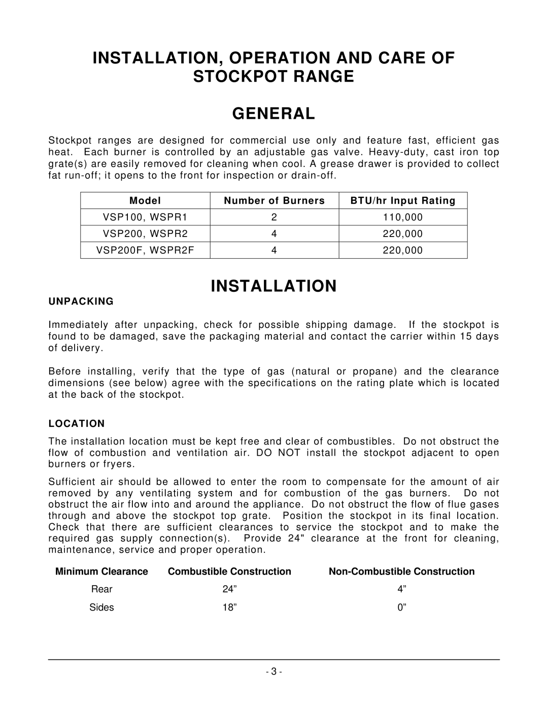 Vulcan-Hart VSP200F, WSPR2 INSTALLATION, Operation and Care Stockpot Range General, Installation, Unpacking, Location 