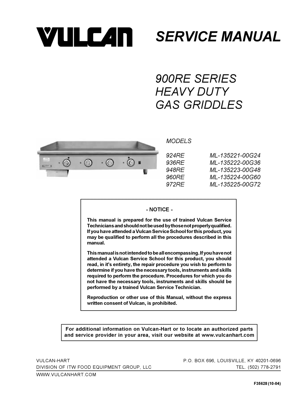 Vulcan-Hart service manual 900RE Series Heavy Duty GAS Griddles 