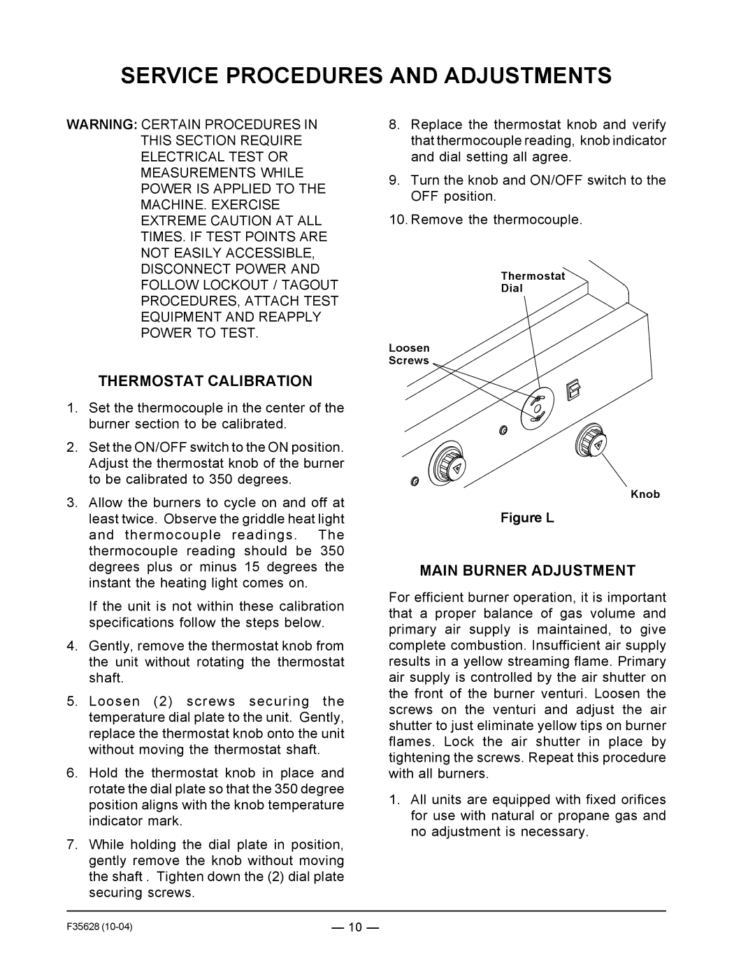 Vulcan-Hart service manual Service Procedures and Adjustments, Thermostat Calibration, Main Burner Adjustment 