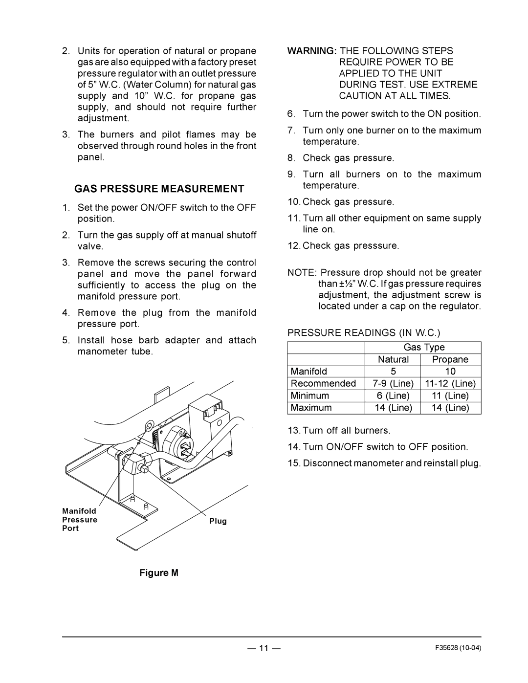 Vulcan-Hart service manual GAS Pressure Measurement, Pressure Readings in W.C 