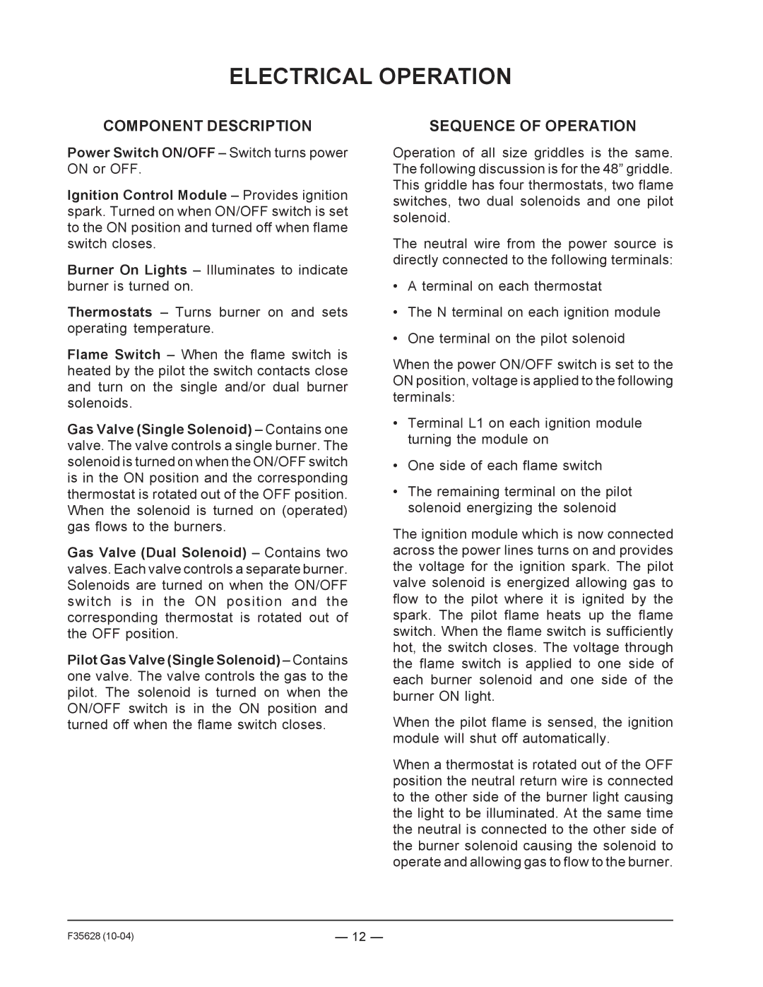 Vulcan-Hart service manual Electrical Operation, Component Description Sequence of Operation 