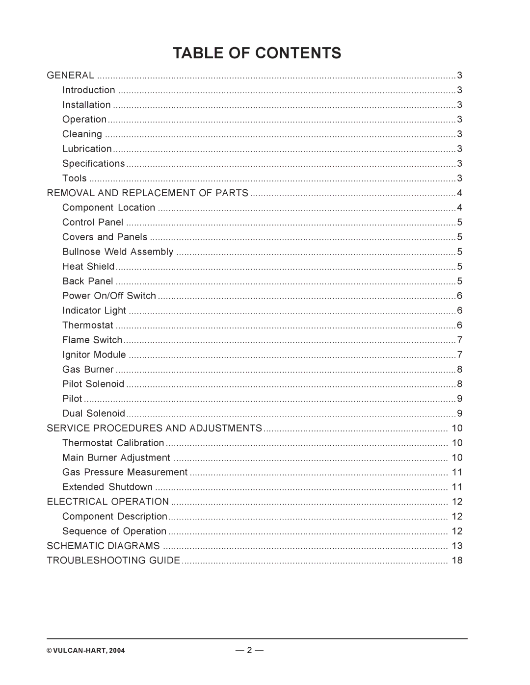 Vulcan-Hart service manual Table of Contents 