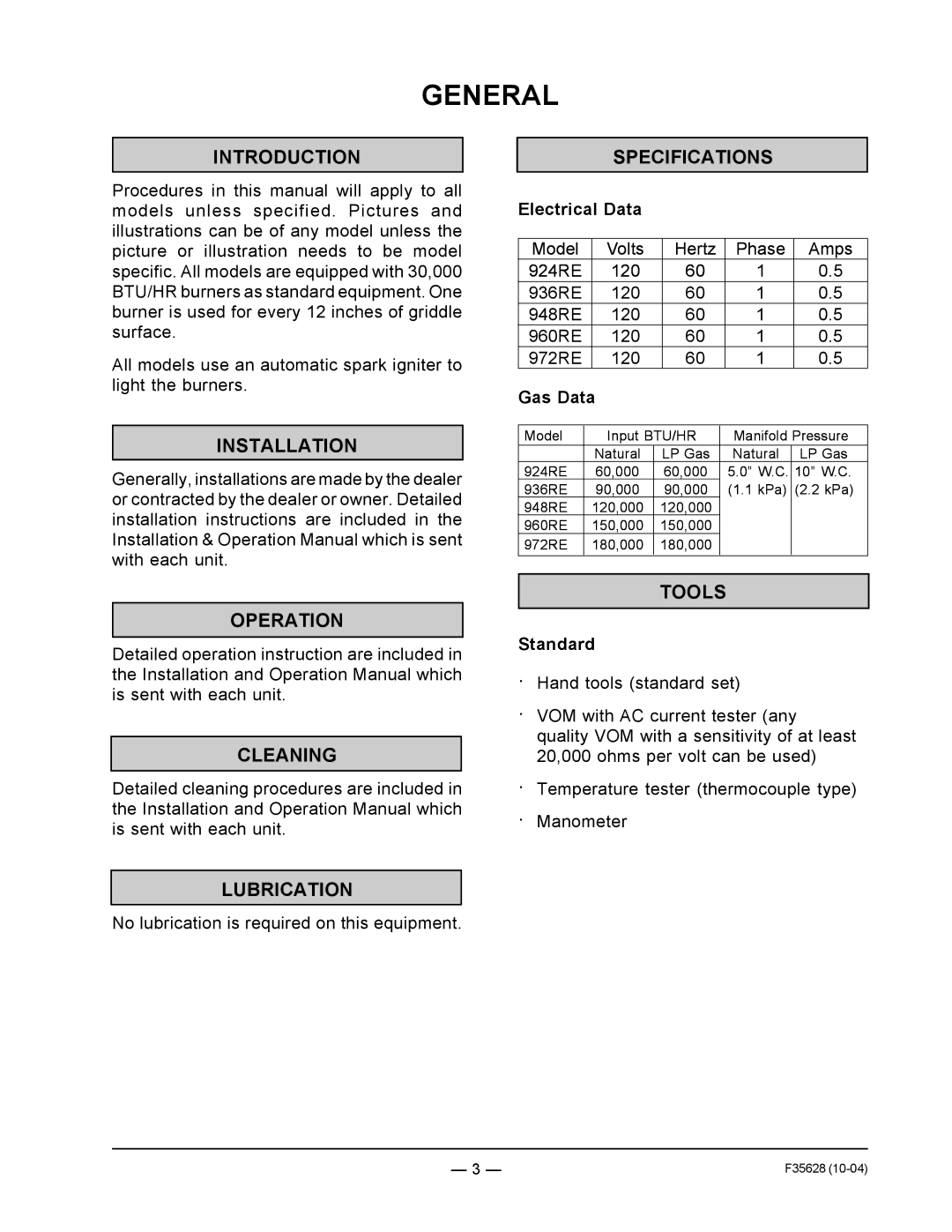 Vulcan-Hart service manual General, Introduction, Installation Operation Cleaning Specifications, Tools, Lubrication 