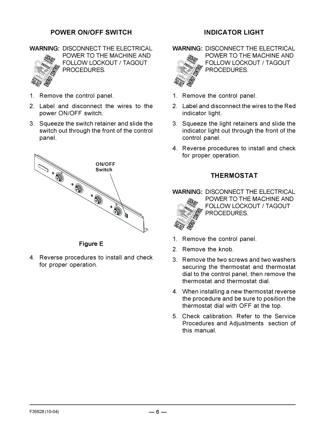 Vulcan-Hart service manual Power ON/OFF Switch, Indicator Light, Thermostat 