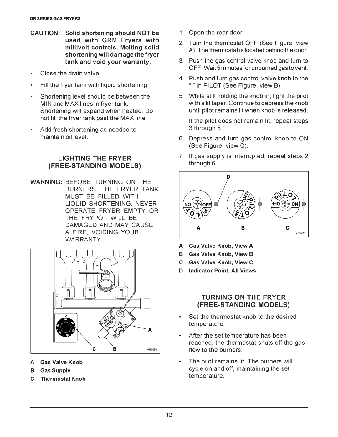 Vulcan-Hart operation manual Lighting the Fryer FREE-STANDING Models, Turning on the Fryer FREE-STANDING Models 