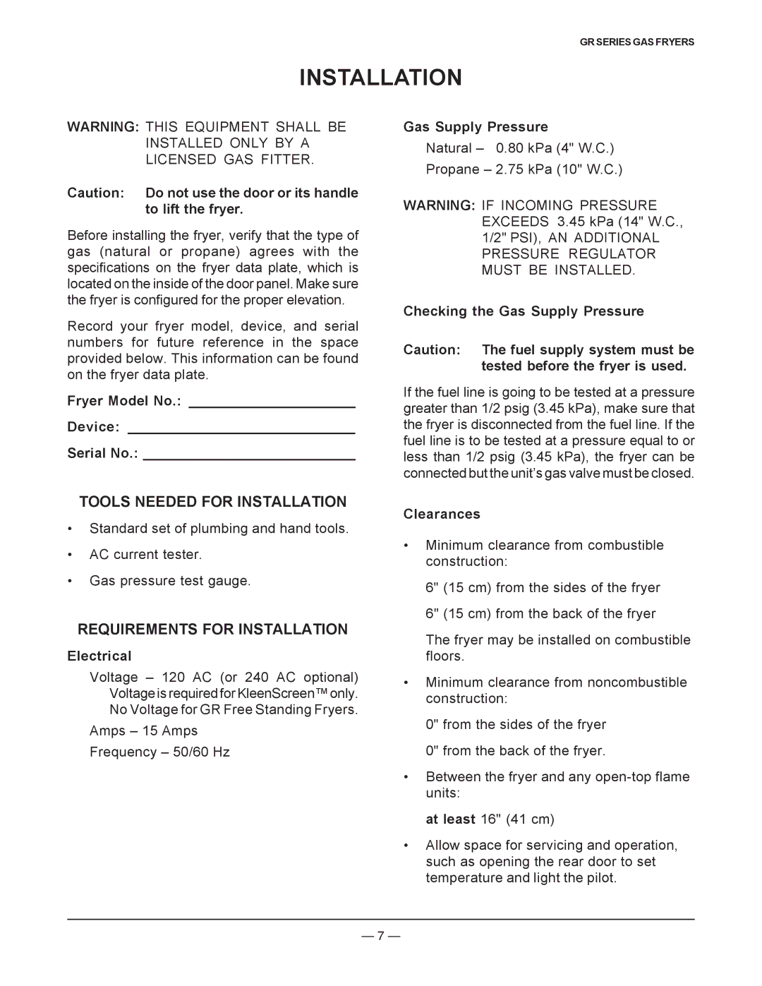 Vulcan-Hart operation manual Tools Needed for Installation, Requirements for Installation 