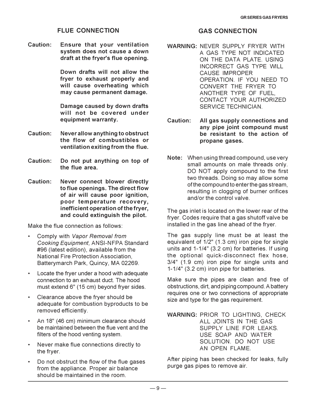 Vulcan-Hart operation manual Flue Connection, GAS Connection 