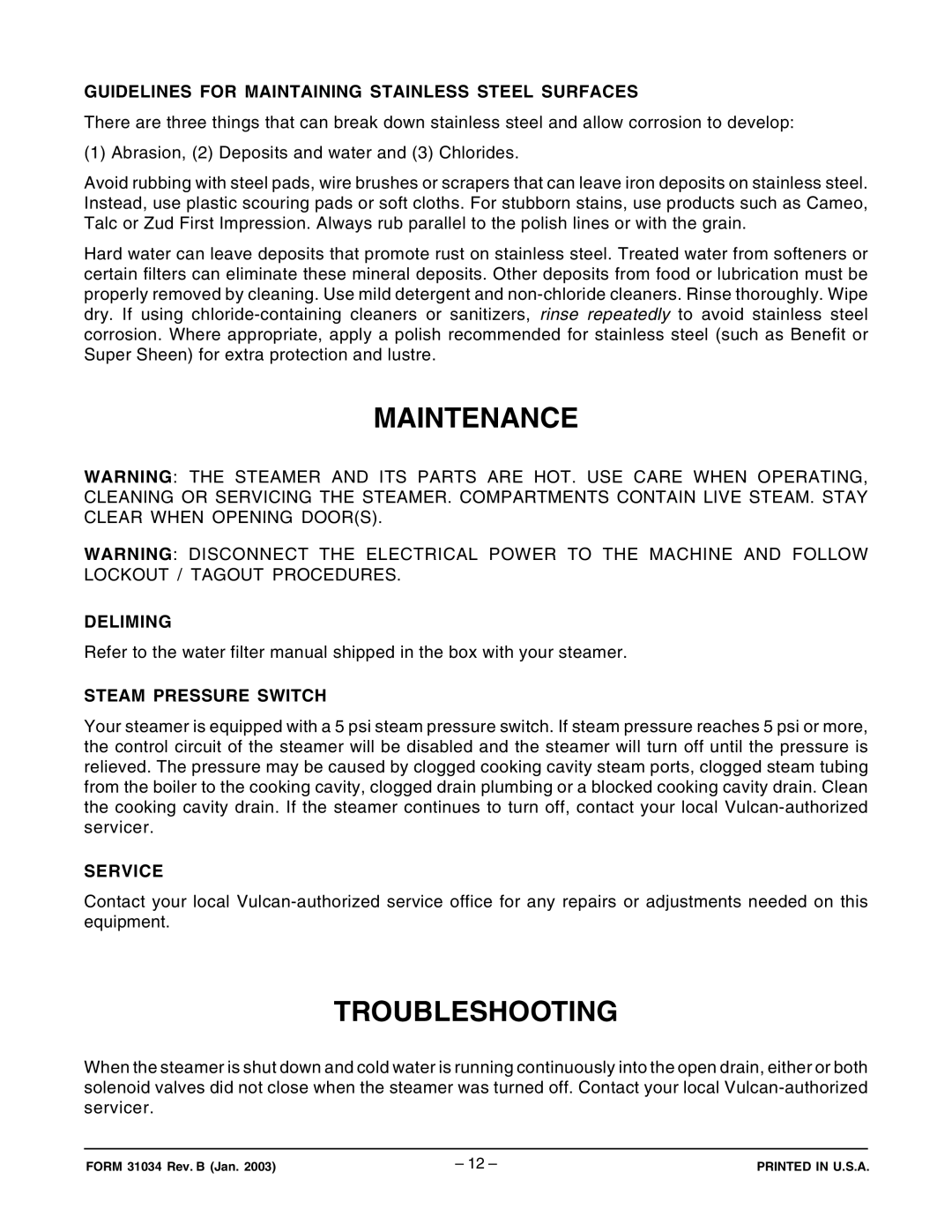 Vulcan-Hart VSX7EC ML-114822, VSX7EO ML-114821, VSX10EC ML-114824, VSX10EO ML-114823 Maintenance, Troubleshooting 