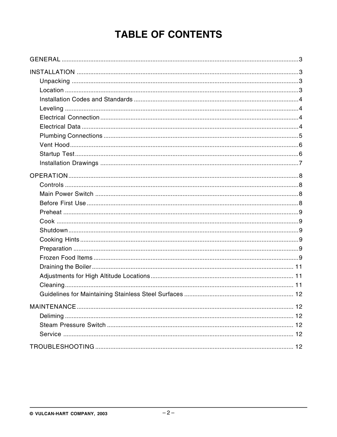 Vulcan-Hart VSX7EC ML-114822, VSX7EO ML-114821, VSX10EC ML-114824, VSX10EO ML-114823 operation manual Table of Contents 