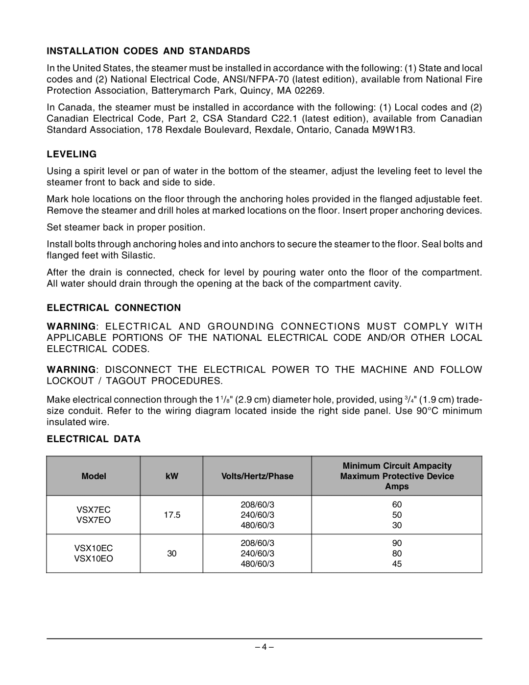 Vulcan-Hart VSX7EC ML-114822, VSX7EO ML-114821, VSX10EC ML-114824, VSX10EO ML-114823 Installation Codes and Standards 