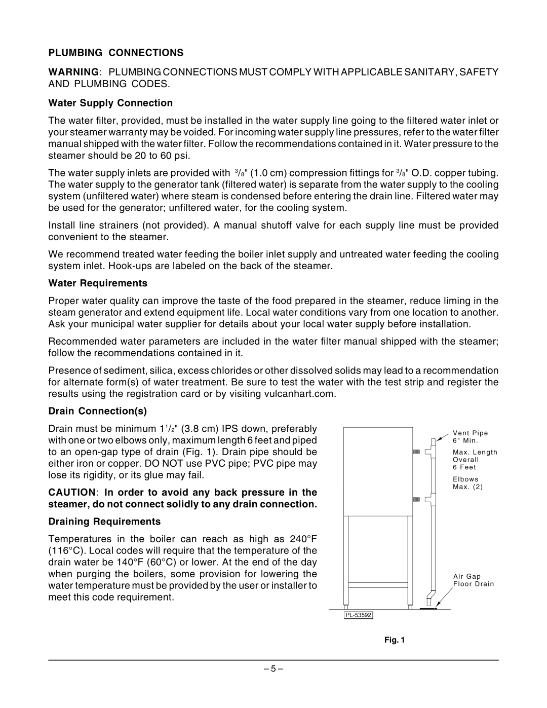 Vulcan-Hart VSX7EC ML-114822, VSX7EO ML-114821, VSX10EC ML-114824, VSX10EO ML-114823 operation manual Plumbing Connections 